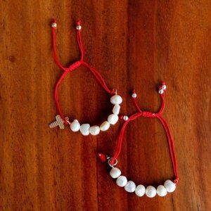 Handmade pearl and charm bracelet red